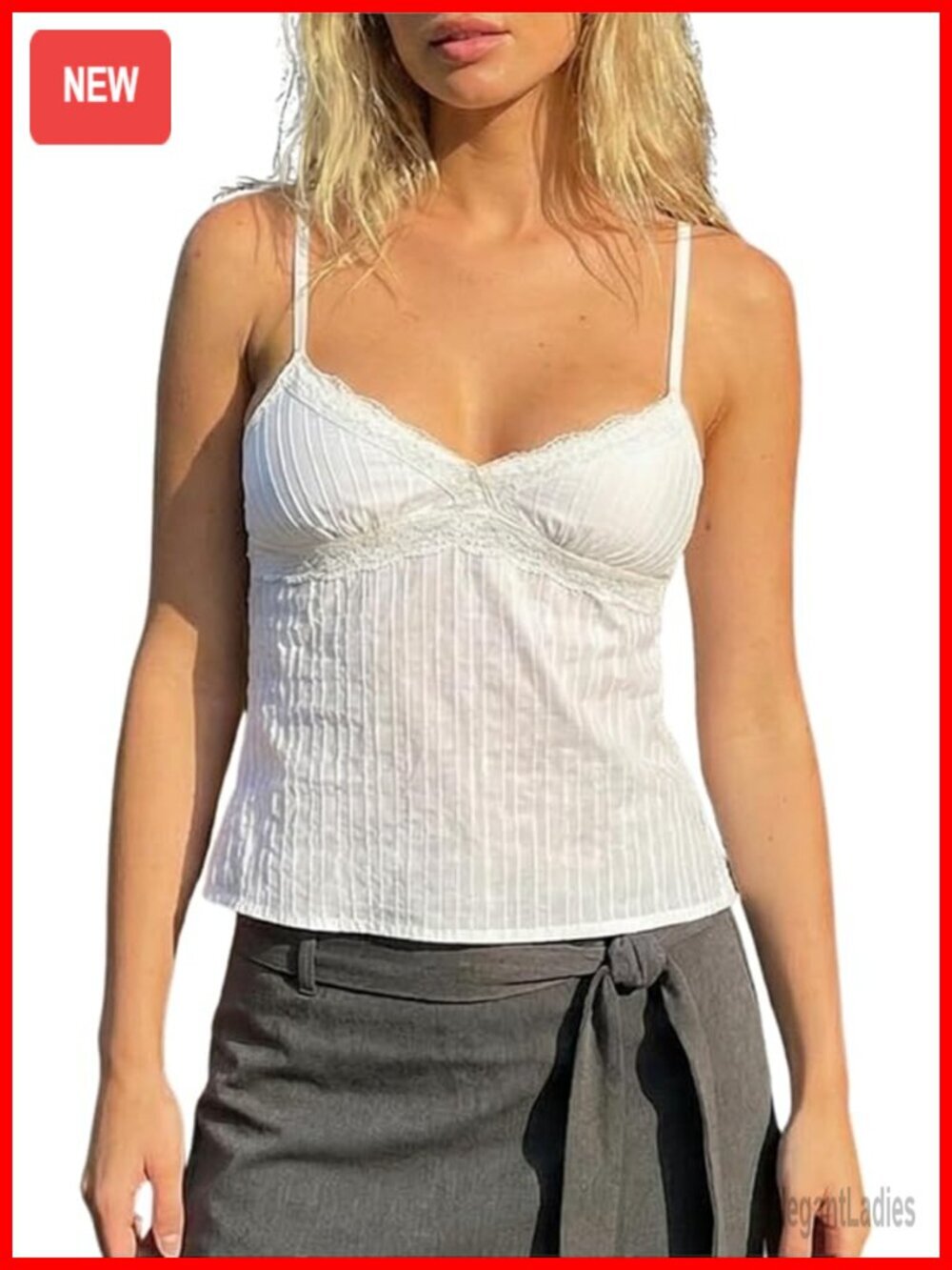 Y2K Babydoll Tank Top Lace Trim V Neck Crop Cami Spaghetti Strap Peplum Top